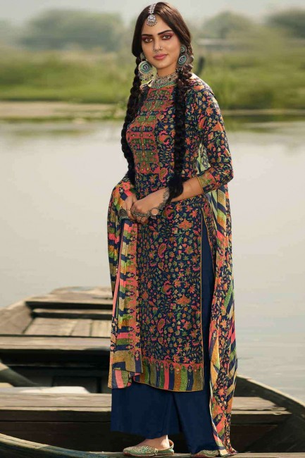 Palazzo Suit in Blue Pashmina with Printed