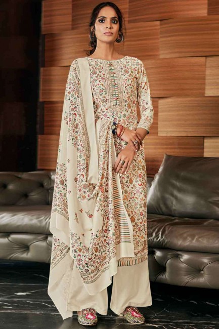 Cream Palazzo Suit with Printed Pashmina