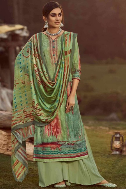 Pure pashmina Printed Green Palazzo Suit with Dupatta