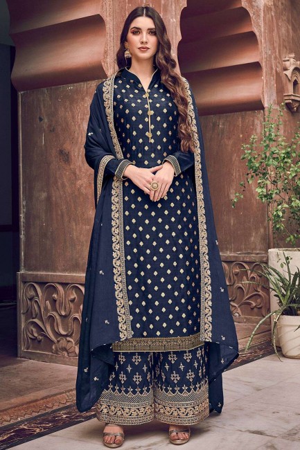 Embroidered Silk Pakistani Suit in Navy blue with Dupatta
