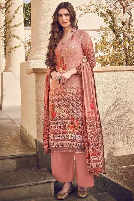 Silk Palazzo Suit with Embroidered in Peach