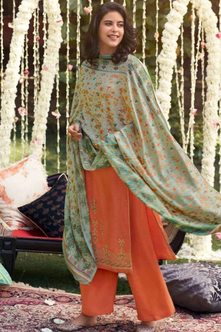 Embroidered Pashmina Palazzo Suit in Orange Color
