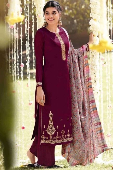 Wine  Palazzo Suit in Pashmina with Embroidered