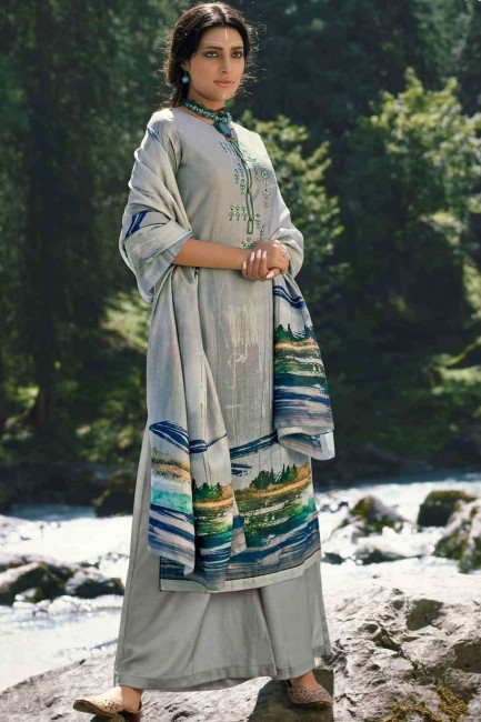 Pashmina Palazzo Suit in Grey with Printed