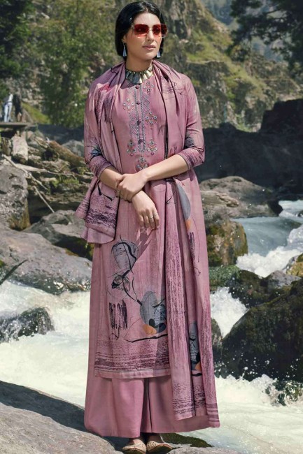 Pashmina Palazzo Suit in Purple with Printed
