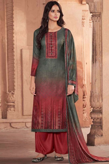 Olive green Palazzo Suit with Printed Pashmina