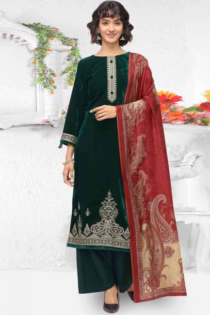 Green Palazzo Suit in Velvet with Embroidered