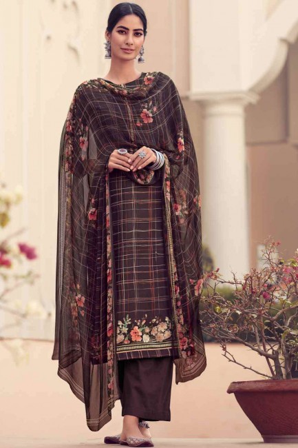 Embroidered Palazzo Suit in Brown Satin