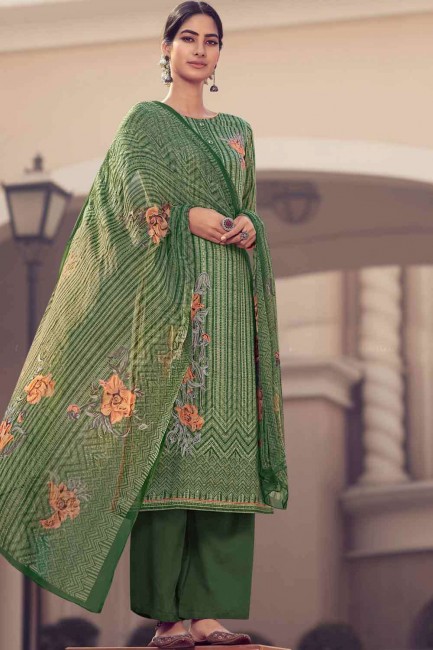 Satin Green Palazzo Suit in Embroidered