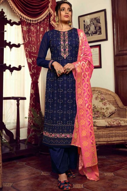 Georgette Embroidered Navy blue Palazzo Suit with Dupatta
