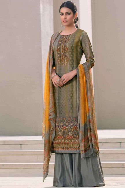 Grey Satin Palazzo Suit with Printed