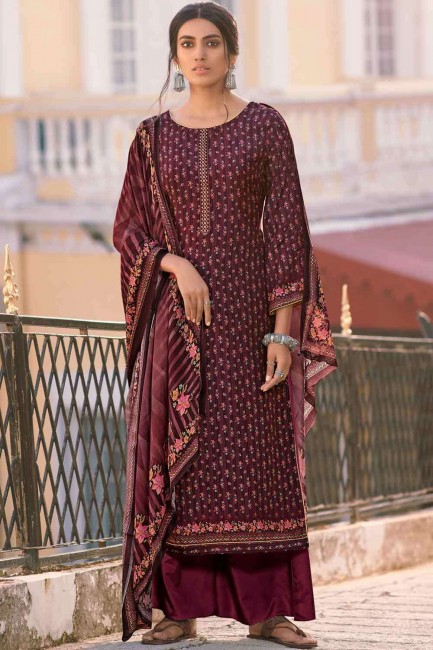 Wine  Palazzo Suit with Printed Cotton