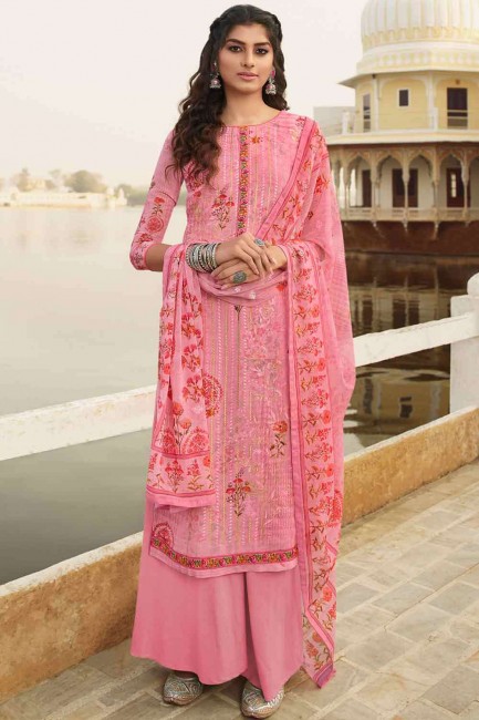 Pink Georgette Embroidered Palazzo Suit with Dupatta