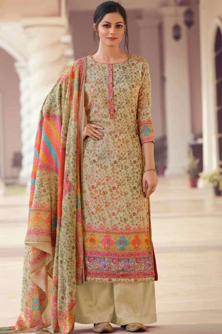 Satin Palazzo Suit in Beige with Printed