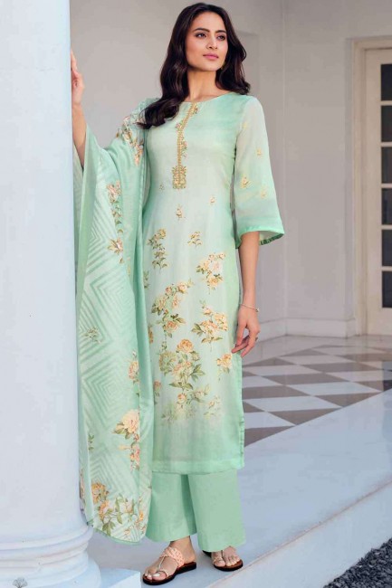 Green Palazzo Suit with Printed Cotton