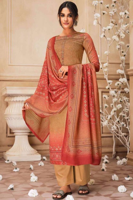 Embroidery Work Cotton Palazzo Suit in Beige with Dupatta