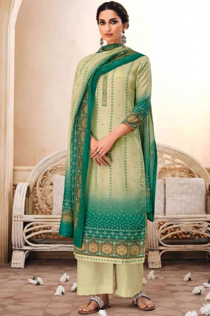 Snazzy Cotton Embroidered in Green Palazzo Suit with Dupatta