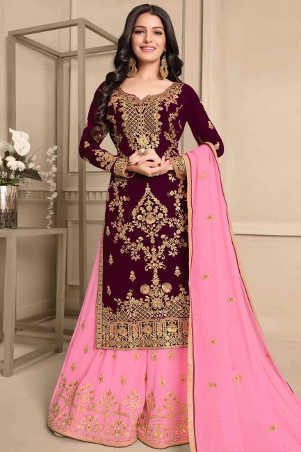 Embroidered Georgette Wine Sharara Suits