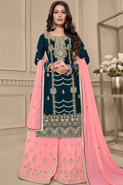 Sharara Suit in Blue Georgette with Embroidered
