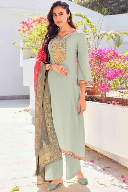 Grey Palazzo Suit in Embroidered Silk