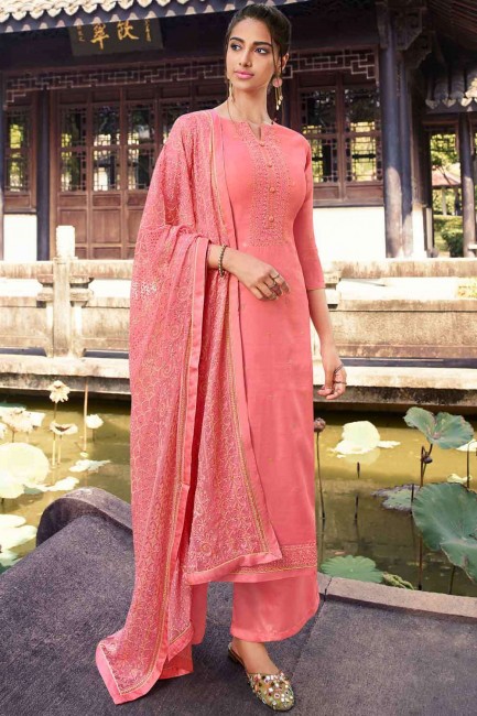 Palazzo Suit in Pink Silk with Embroidered