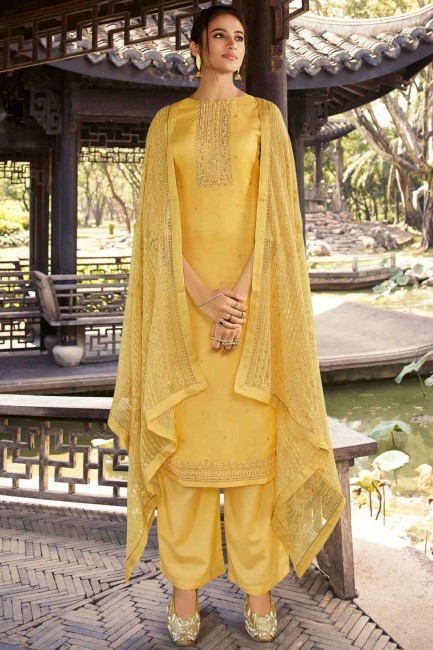 Latest Yellow Embroidered Palazzo Suit in Silk