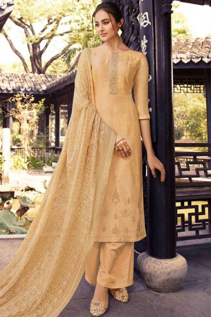 Silk Embroidered Yellow Palazzo Suit with Dupatta