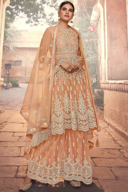 Peach Pakistani Suit in Net with Embroidered