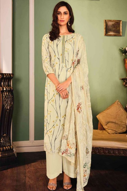 Embroidered Muslin Palazzo Suit in Cream with Dupatta