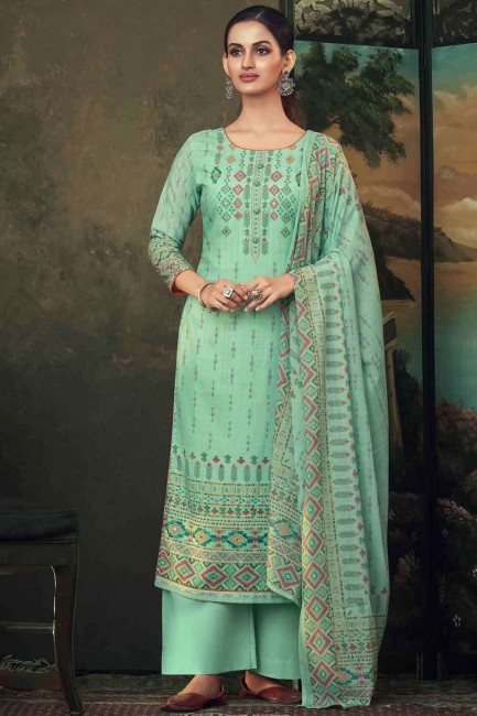 Printed Palazzo Suit in Green Cotton