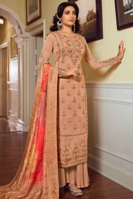 Satin Palazzo Suit with Embroidered in Rust