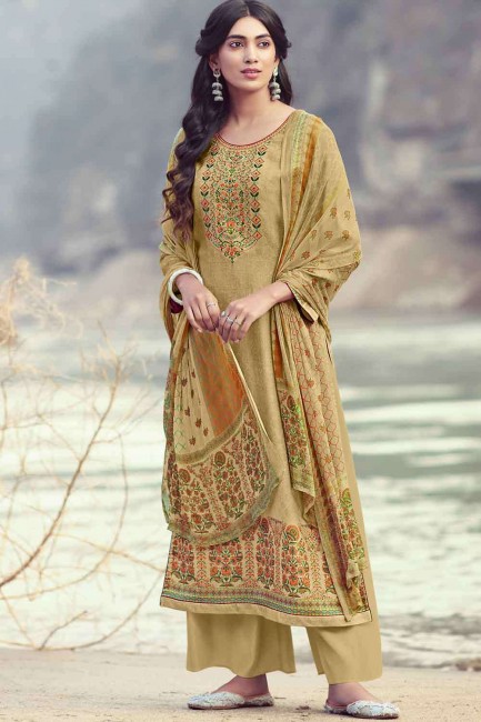 Embroidered Pashmina Beige Palazzo Suit with Dupatta