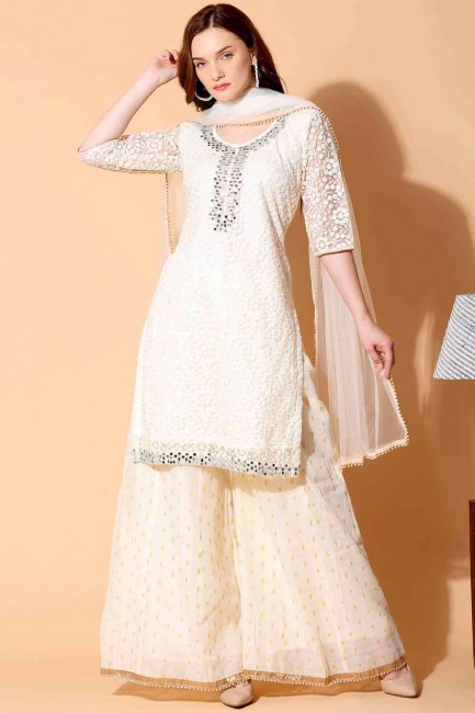 Embroidered Net Cream Palazzo Suit with Dupatta
