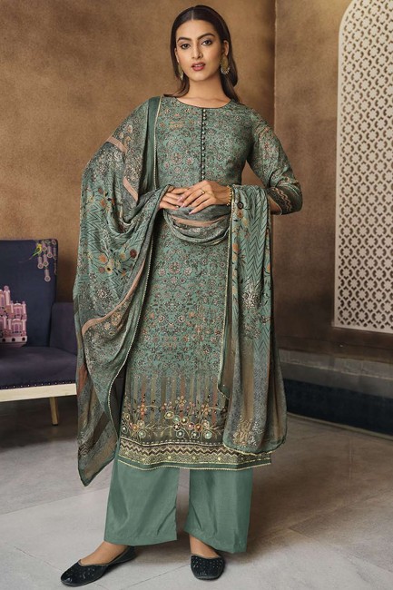 Printed Viscose and muslin Eid Palazzo Suit in Turquoise with Dupatta