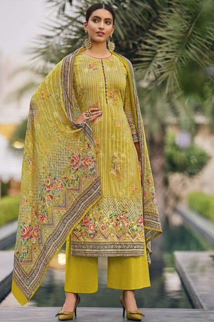 Viscose and muslin Yellow Eid Palazzo Suit in Printed
