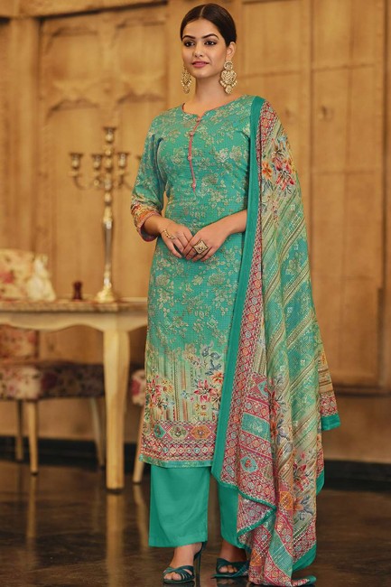Printed Cotton Eid Palazzo Suit in Green