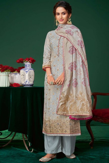 Eid Palazzo Suit in Sky blue Jacquard silk with Printed