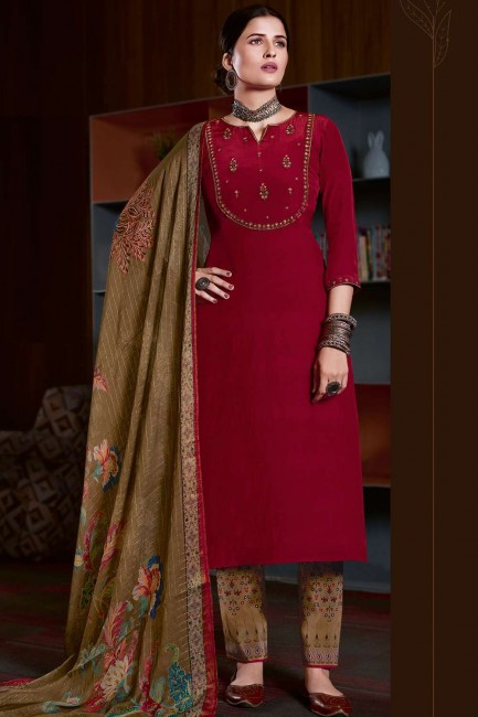 Embroidered Crepe Eid Palazzo Suit in Maroon