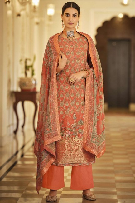 Viscose and jacquard silk Eid Palazzo Suit with Digital print in Orange