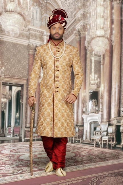 Beige Jackard All Over Booty High Light Ethnic Wear Designer Ready-Made Sherwani