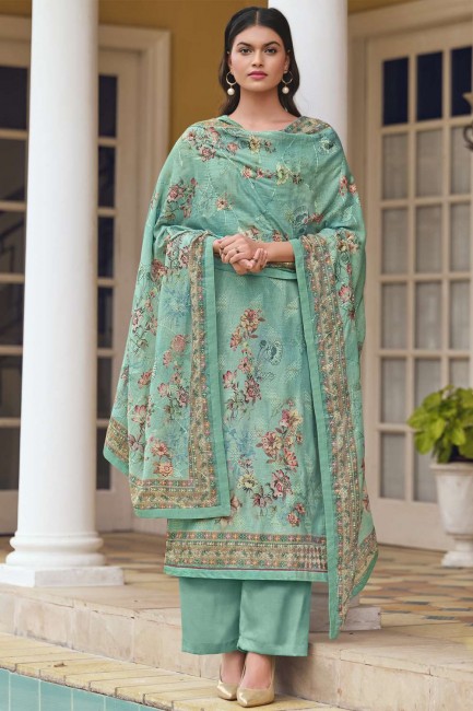 Digital print Jam satin Eid Palazzo Suit in Green with Dupatta