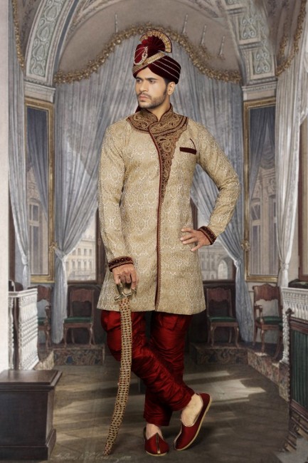 Beige Fancy Jackard Ethnic Wear Designer Ready-Made Sherwani