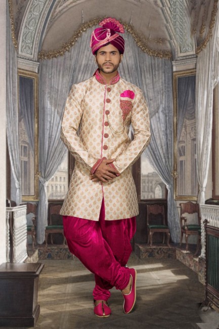 Beige Pink Booty Jackard Ethnic Wear Designer Ready-Made Sherwani