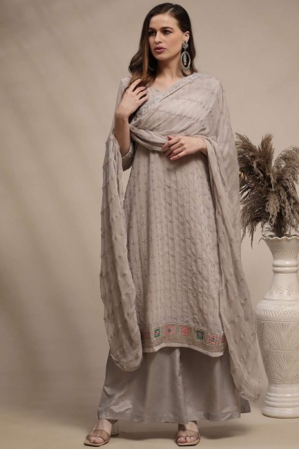 Eid Palazzo Suit in Grey Georgette with Thread