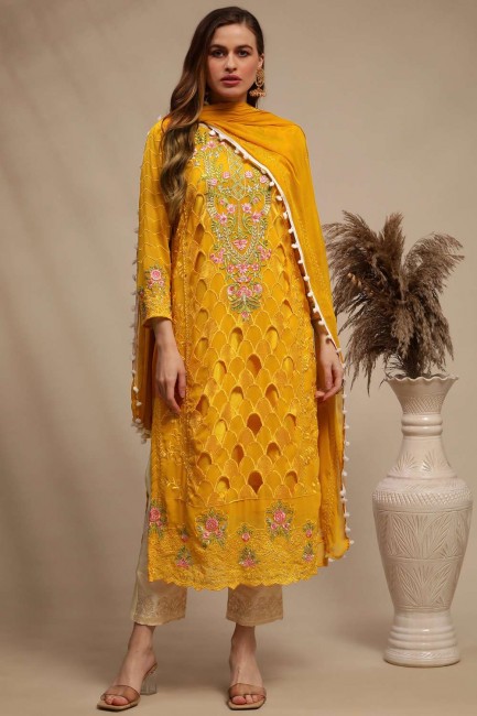 Georgette Eid Palazzo Suit in Yellow with Thread