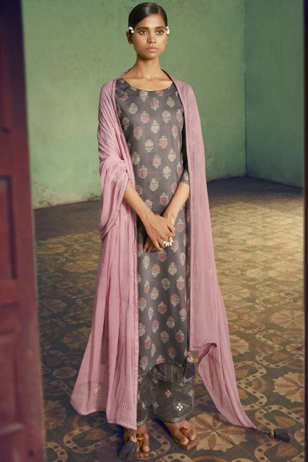 Grey Palazzo Suit in Chiffon with Digital print