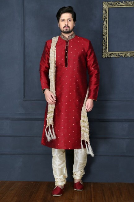 Adorable Maroon Art Banarasi Silk Ethnic Wear Kurta Readymade Kurta Payjama