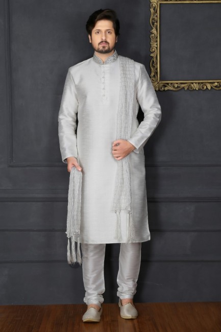 Gorgeous Off White Art Banarasi Silk Ethnic Wear Kurta Readymade Kurta Payjama