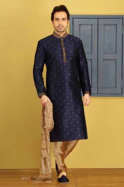 Designer Blue Art Banarasi Silk Ethnic Wear Kurta Readymade Kurta Payjama