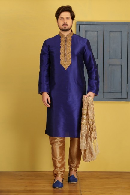 Latest Ethnic Blue Dupion Art Silk Ethnic Wear Kurta Readymade Kurta Payjama